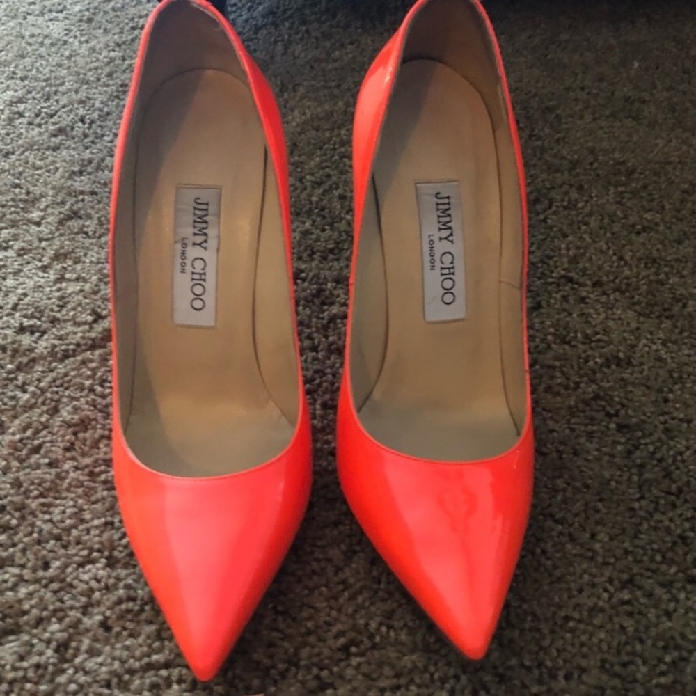❌SOLD❌🎉HP🎉JIMMY CHOO NEON ORANGE FLAME PUMPS - Picture 5 of 8
